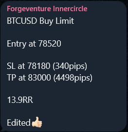 BTCUSD Buy Limit 78520 · 13.9RR