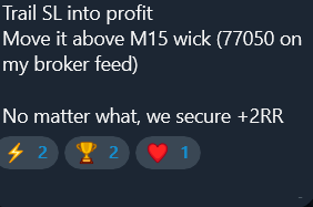Trail SL above M15 wick · +2RR secured